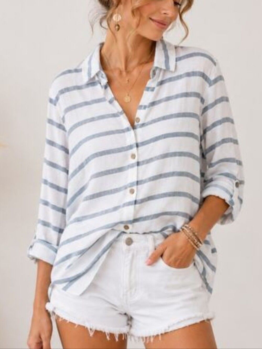 Viola Borghi Womens Blue White Striped Italian Linen Button Up Tunic Top Medium